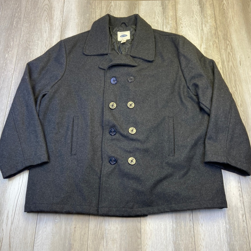 Old Navy Peacoat Jacket Mens 3XL Gray Quilted Lined Wool Blend Preppy Heavy Men